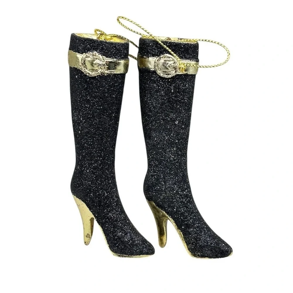 Pier 1 Vintage Black & Gold Glitter High Heel‎ Boot Ornaments Set of 2